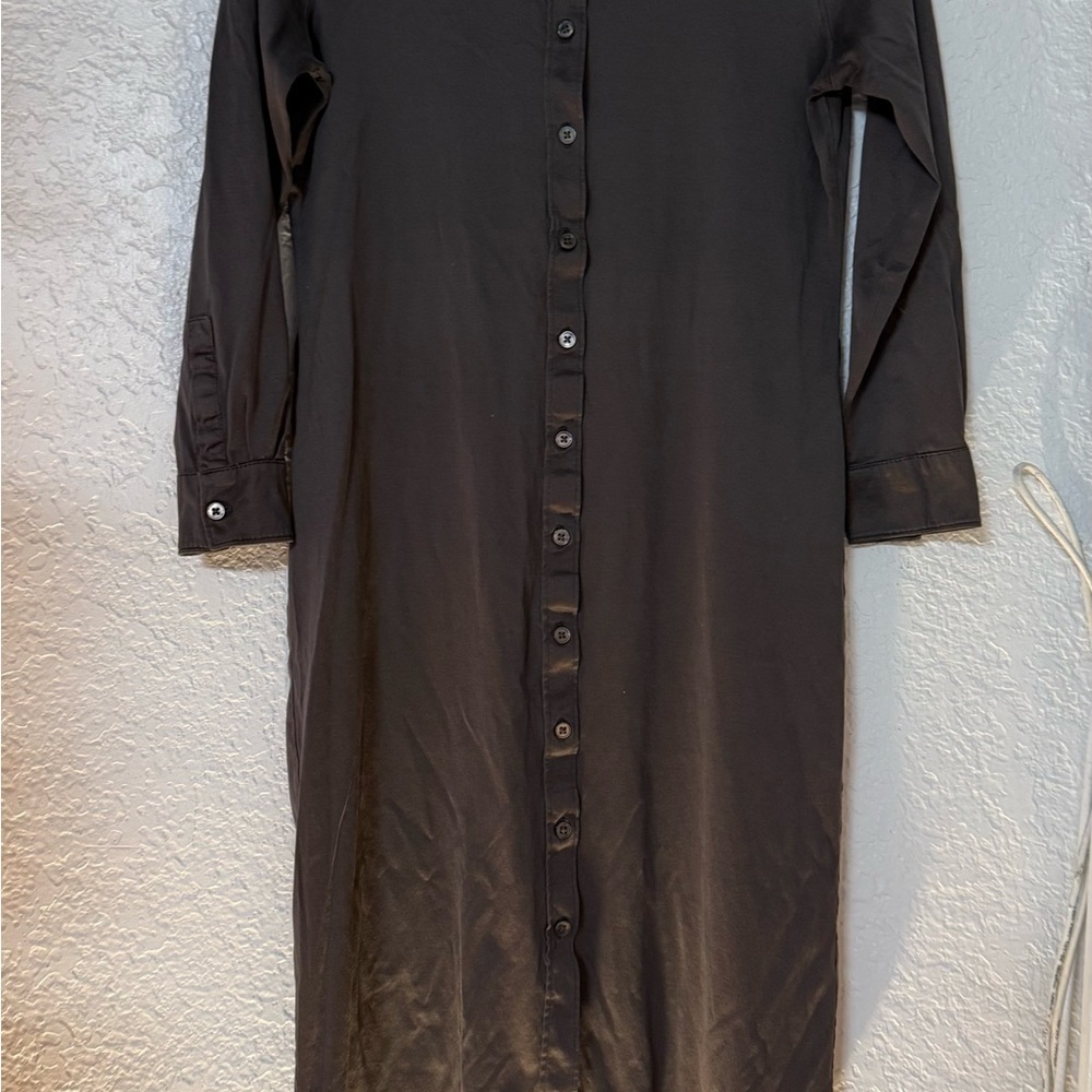 Calvin Klein Long Sleeve Cotton Button-Down Shirt Dress - Espresso Brown - Picture 3 of 12